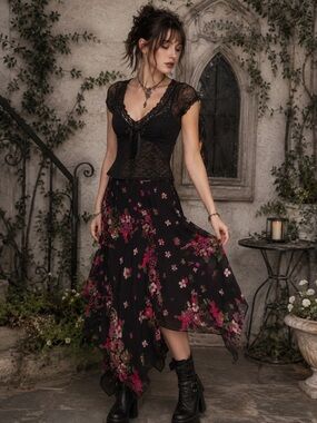 Vintage Frank Lyman 100% Silk Asymmetrical Floral Skirt Whimsigoth Y2K Fairycore
